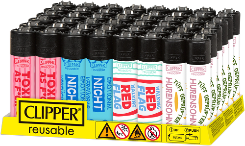Feuerzeuge, nachfüllbar, Mehrfachpackung, bunte Etiketten, schwarze Köpfe