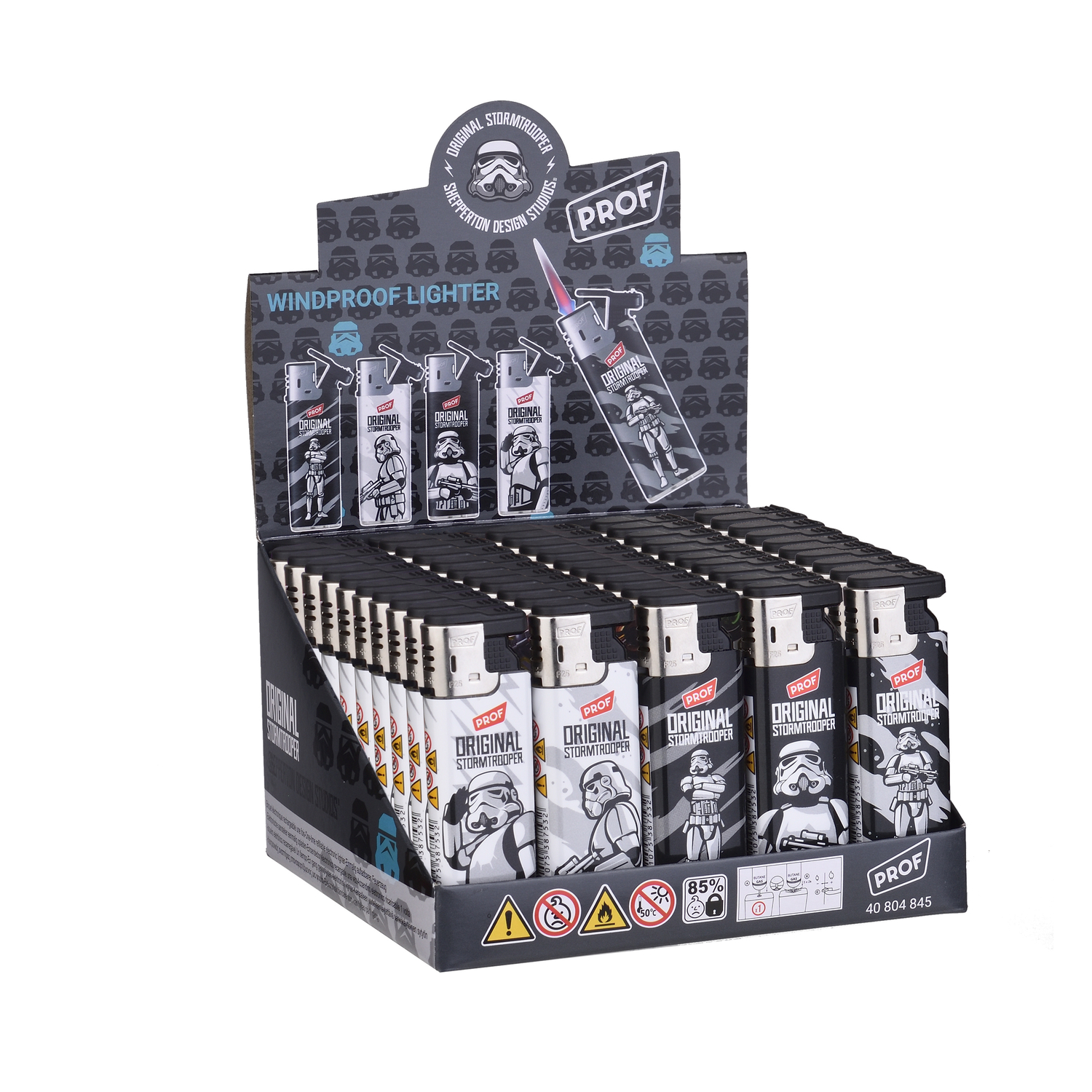 Sturmfeuerzeug, Windfest, Einwegfeuerzeug, Stormtrooper-Motiv, Verkaufsdisplay