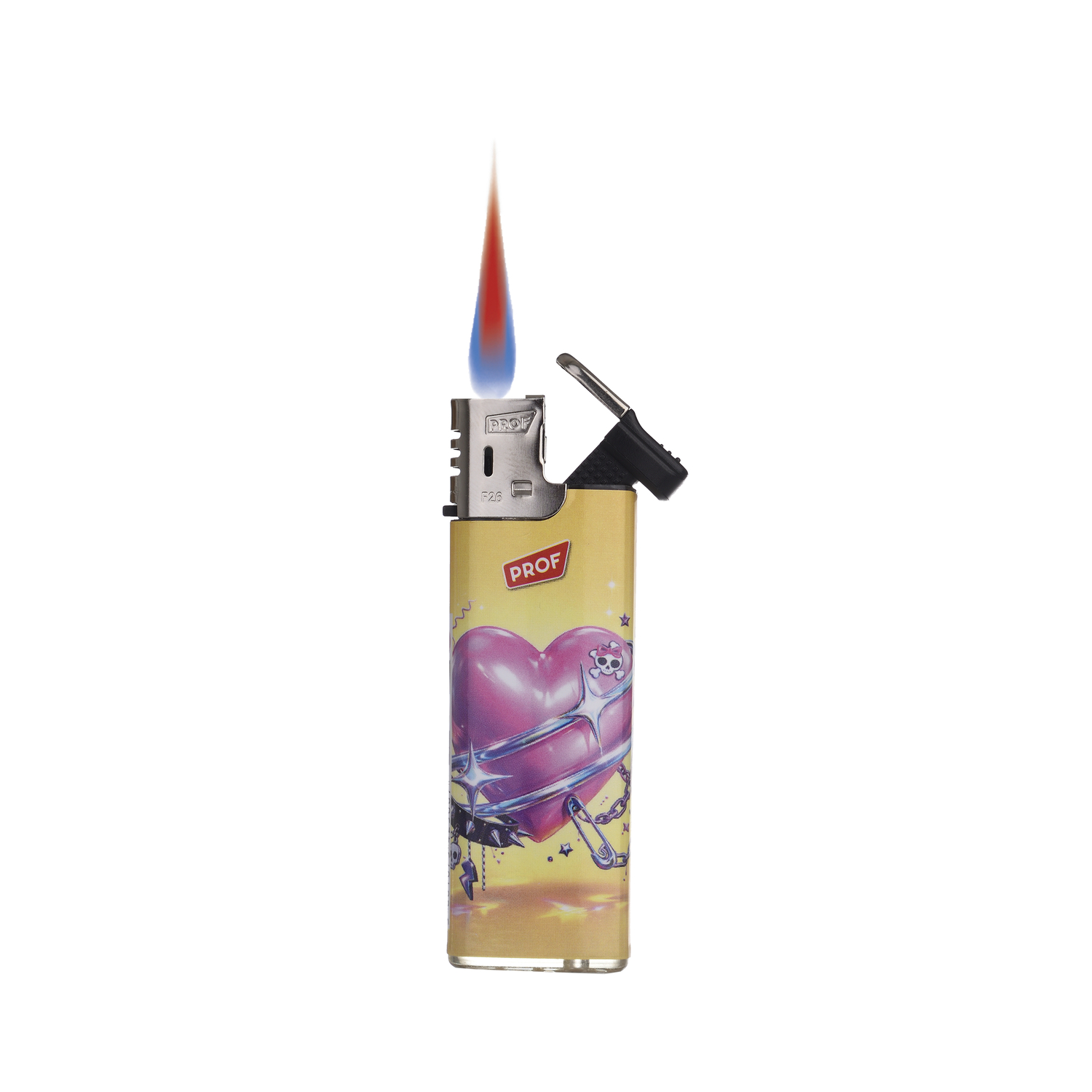 Stabfeuerzeug, Gasfeuerzeug, gelbes Gehäuse, Herzmotiv, verstellbare Flamme