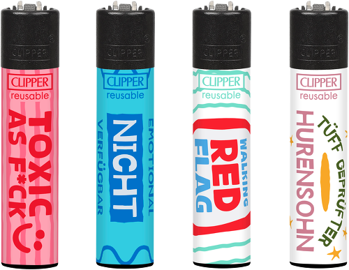 Clipper-Feuerzeug, wiederverwendbar, schwarz, bunte Schrift, 4er-Set